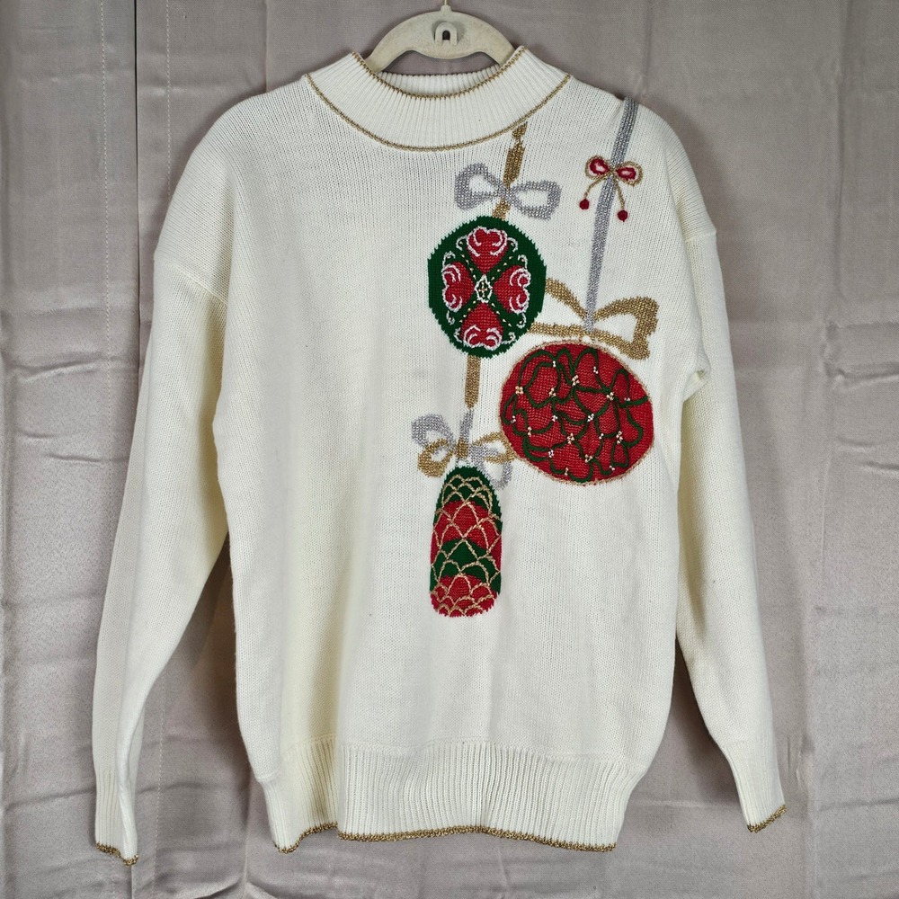 Vintage Dana Scott Womens White Christmas Ornament‎ Sweater Medium